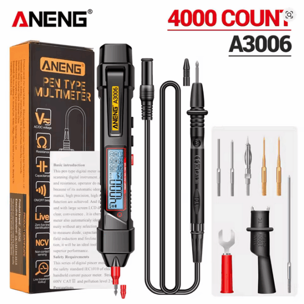 ANENG A3006 Pen Multimeter with digital display showing measurements, placed against a neutral background