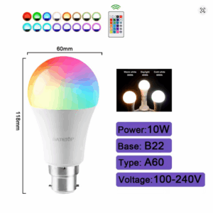 Smart RGBW LED Bulb A60 B22 – Color Dimmable Light with Infrared Remote for Home & Holiday Vibes