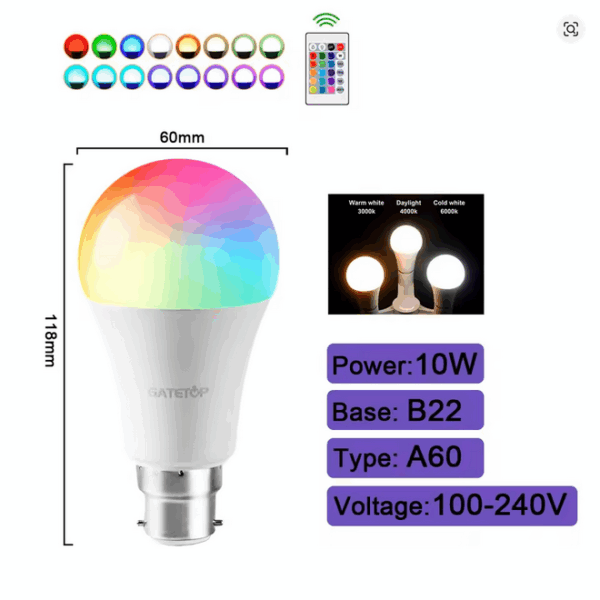 Smart RGBW LED Bulb A60 B22 – Color Dimmable Light with Infrared Remote for Home & Holiday Vibes