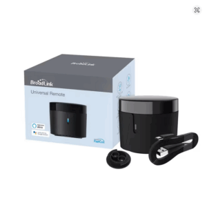 Broadlink RM4 Mini Smart IR Remote device placed on a neutral background