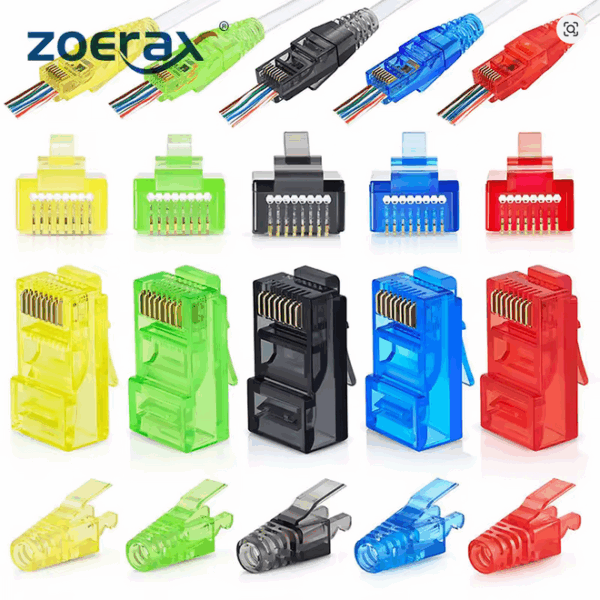 ZoeRax 50PCS Cat6 EZ Crimp RJ45 Connectors + 50 Strain Relief Boots – Modular Ethernet Plug Kit (Assorted Colors)