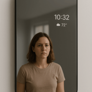 A sleek rectangular smart mirror with a minimalistic design displaying a digital interface, mounted against a neutral background.