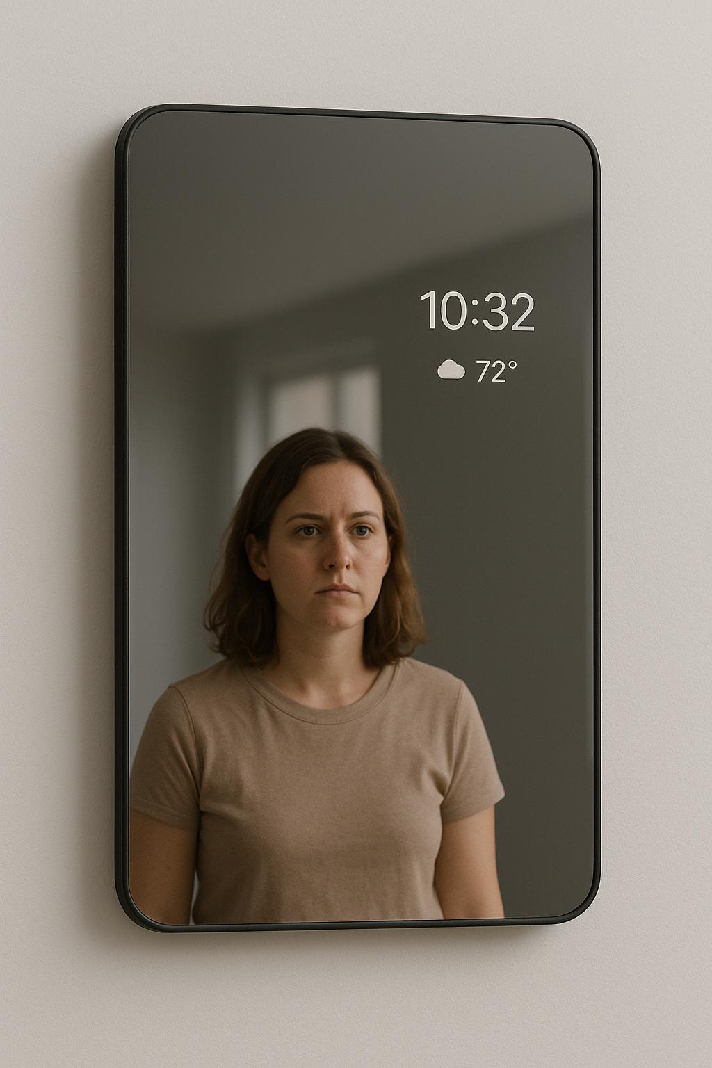 A sleek rectangular smart mirror with a minimalistic design displaying a digital interface, mounted against a neutral background.