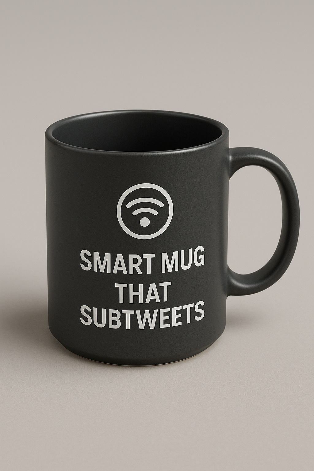 A sleek smart mug with a digital display on its side, shown against a neutral background.