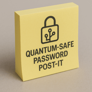 A clear photo of a product titled 'Quantum‑Safe Password Post‑It' displayed against a neutral background.