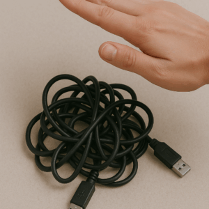Gesture‑Controlled Cable Tangle device shown against a neutral background, featuring a sleek controller with sensor components and multiple connected cables appearing organized and untangled.