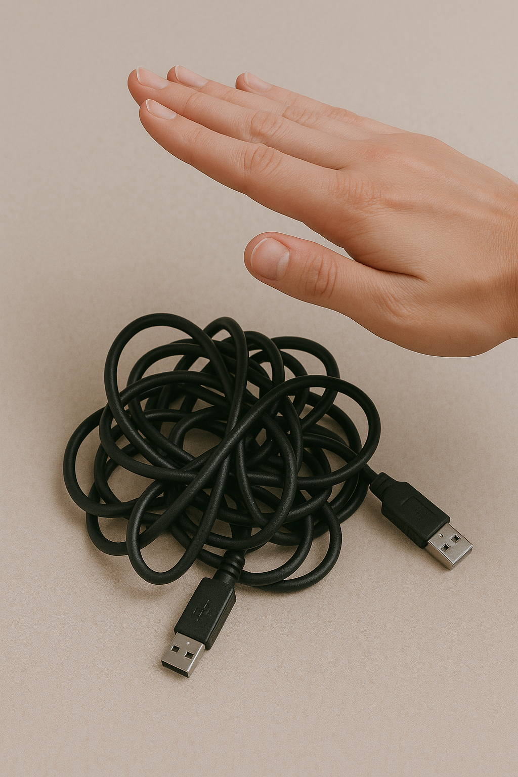 Gesture‑Controlled Cable Tangle device shown against a neutral background, featuring a sleek controller with sensor components and multiple connected cables appearing organized and untangled.