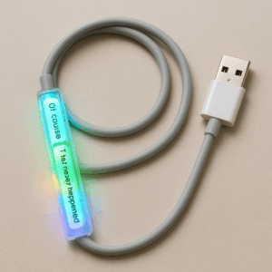 LED cable glowing with bright lights against a neutral background