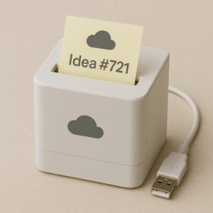 Cloud-Synced Sticky Notes Printer showing a small, sleek device printing colorful sticky notes with text, placed on a desk against a neutral background.