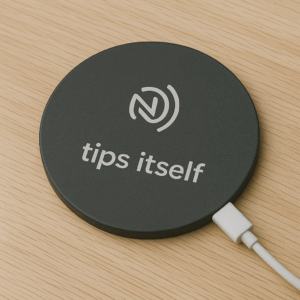 Photo of an NFC coaster designed to tip itself, shown against a neutral background.