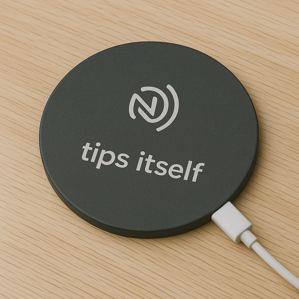Photo of an NFC coaster designed to tip itself, shown against a neutral background.