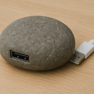 USB Pet Rock Pro, a small, smooth rock with a USB cable attached, set against a neutral background.