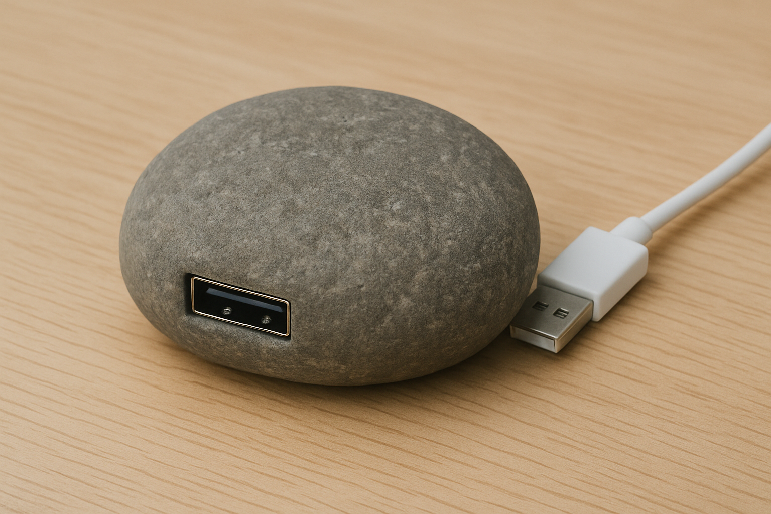 USB Pet Rock Pro, a small, smooth rock with a USB cable attached, set against a neutral background.